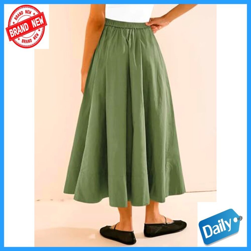 Women's A-Line Midi Skirt Elastic Waist Flowy Swing Pleated with Pocket - Picture 2 of 7